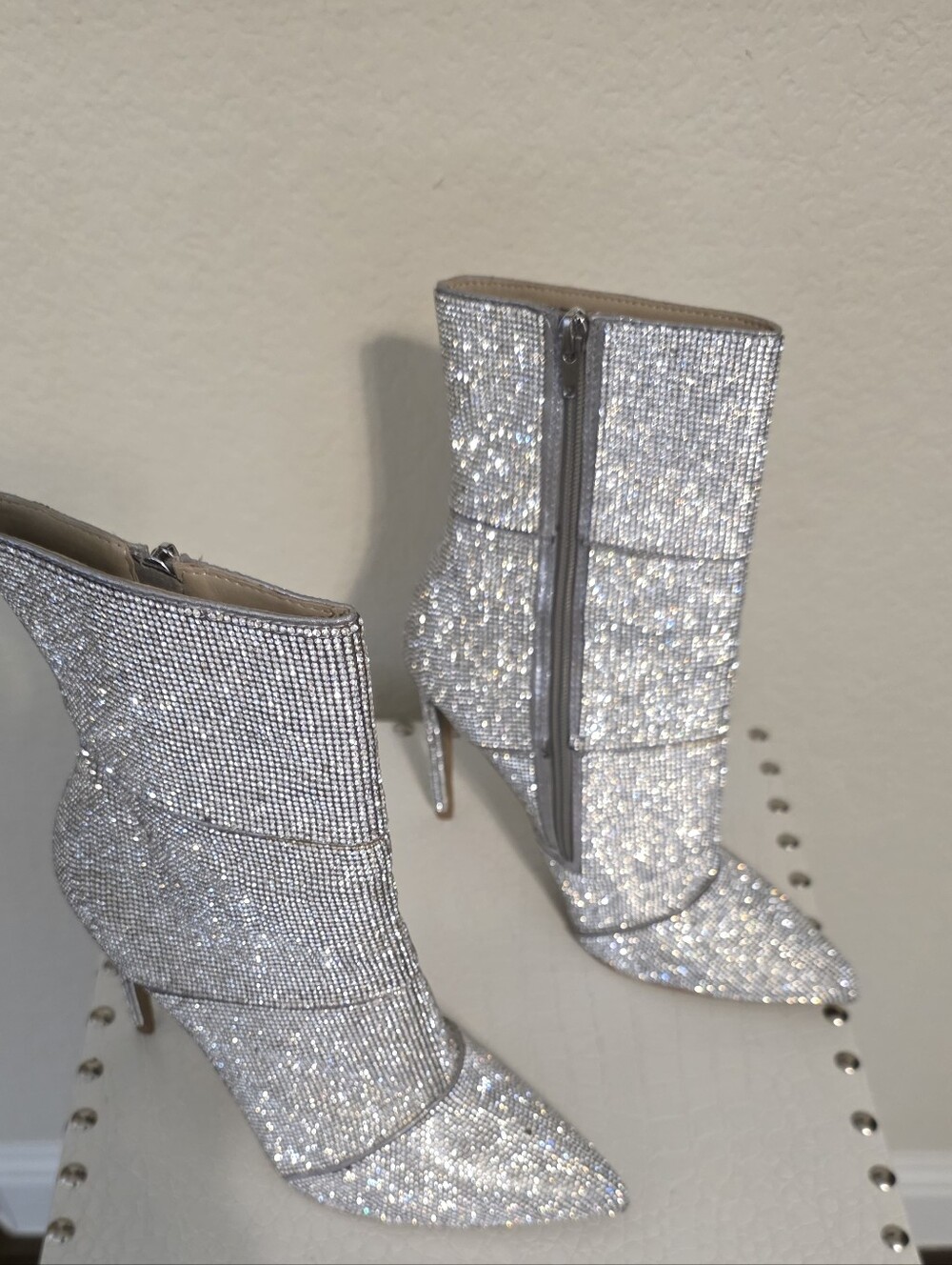 Steve Madden Silver Crystal Embellished Stiletto Ankle Boots